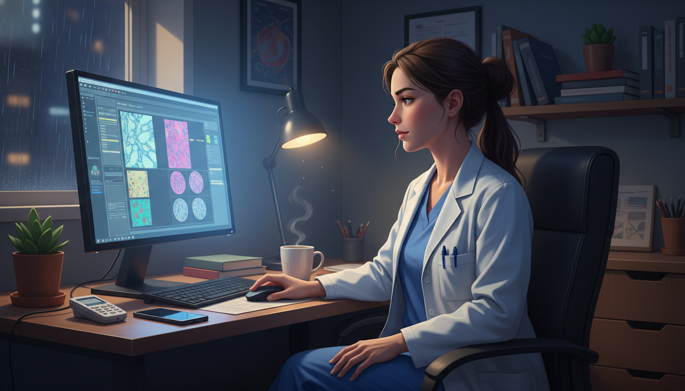 Pathology resident studying slides in a quiet call room at night Pathology resident studying slides in a quiet call room at night - MD graduate residency for Work-Life Balance Assessment for