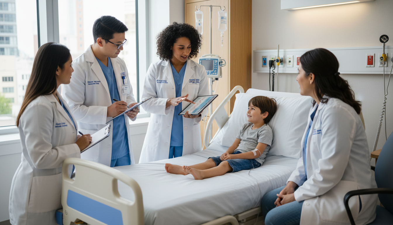 Pediatric academic hospitalist teaching residents on rounds Pediatric academic hospitalist teaching residents on rounds - MD graduate residency for Academic vs Private Practice for MD G