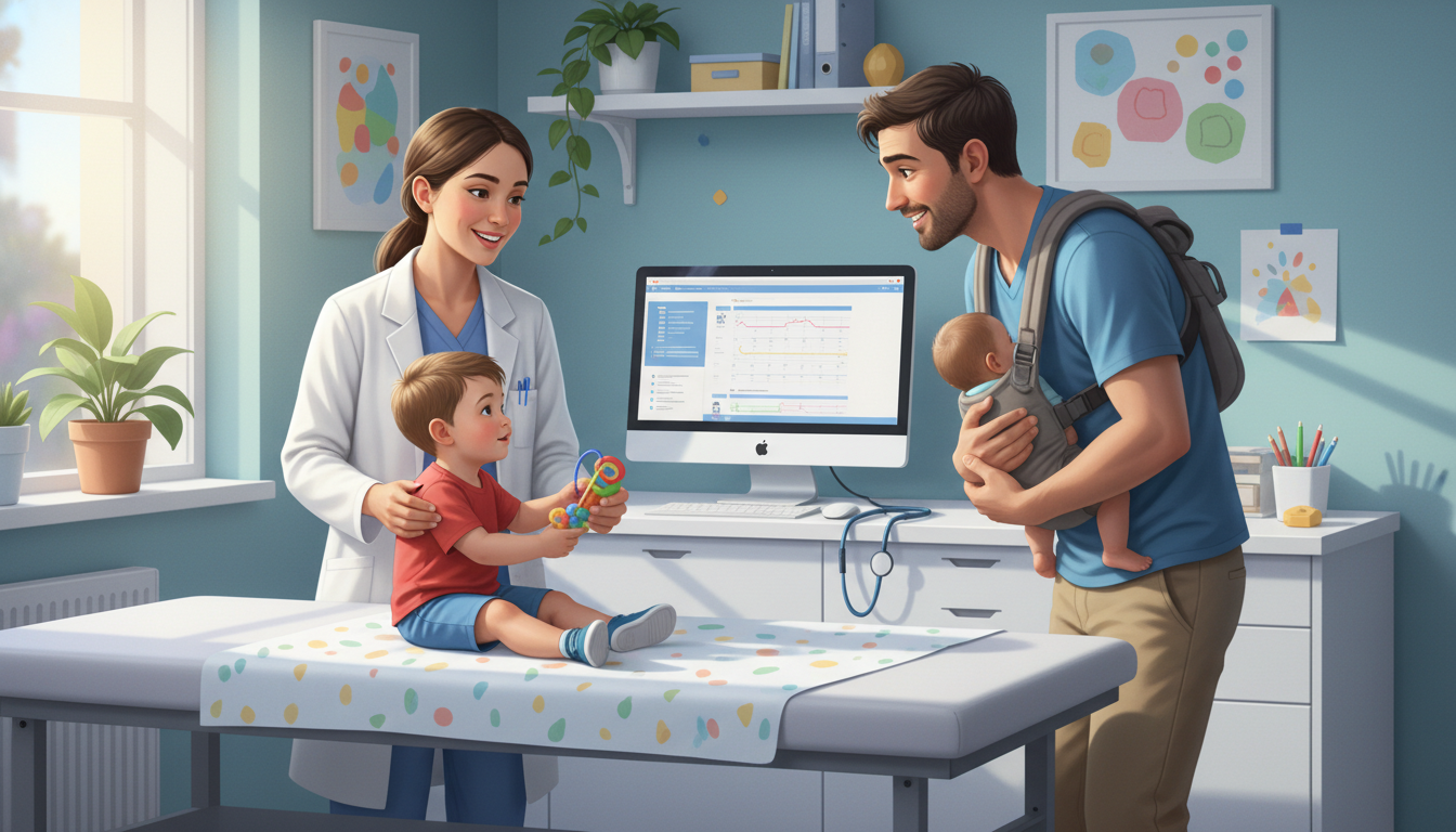 Private practice pediatrician consulting with a family in a community clinic Private practice pediatrician consulting with a family in a community clinic - MD graduate residency for Academic vs Private