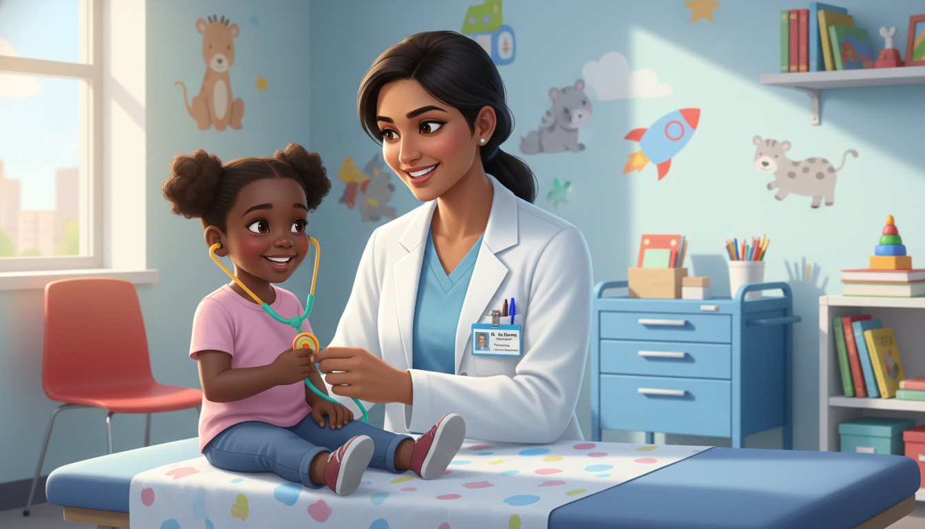 Pediatrics resident interacting with a child patient in clinic - MD graduate residency for Low Step Score Strategies for MD G