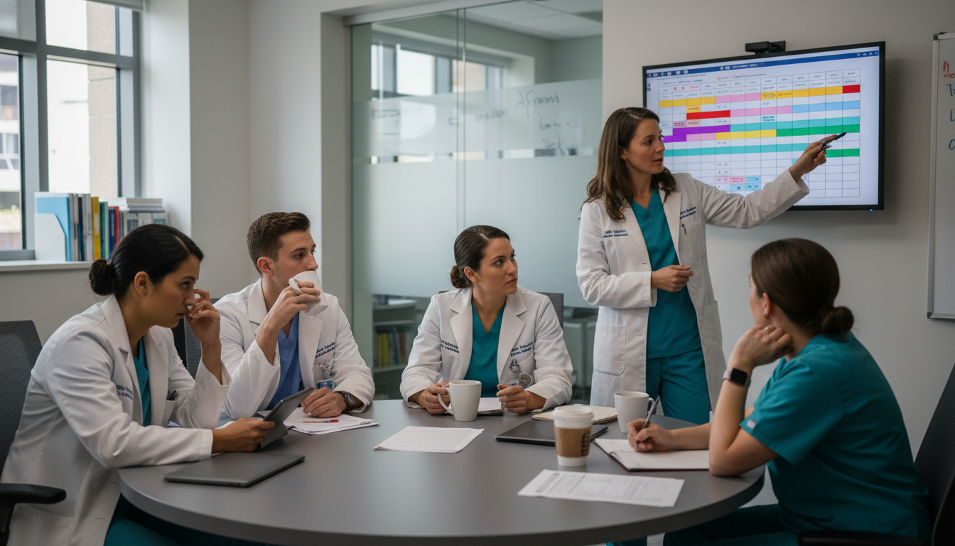 Pediatrics residents in team meeting discussing workload Pediatrics residents in team meeting discussing workload - MD graduate residency for Identifying Malignant Programs for MD Gr