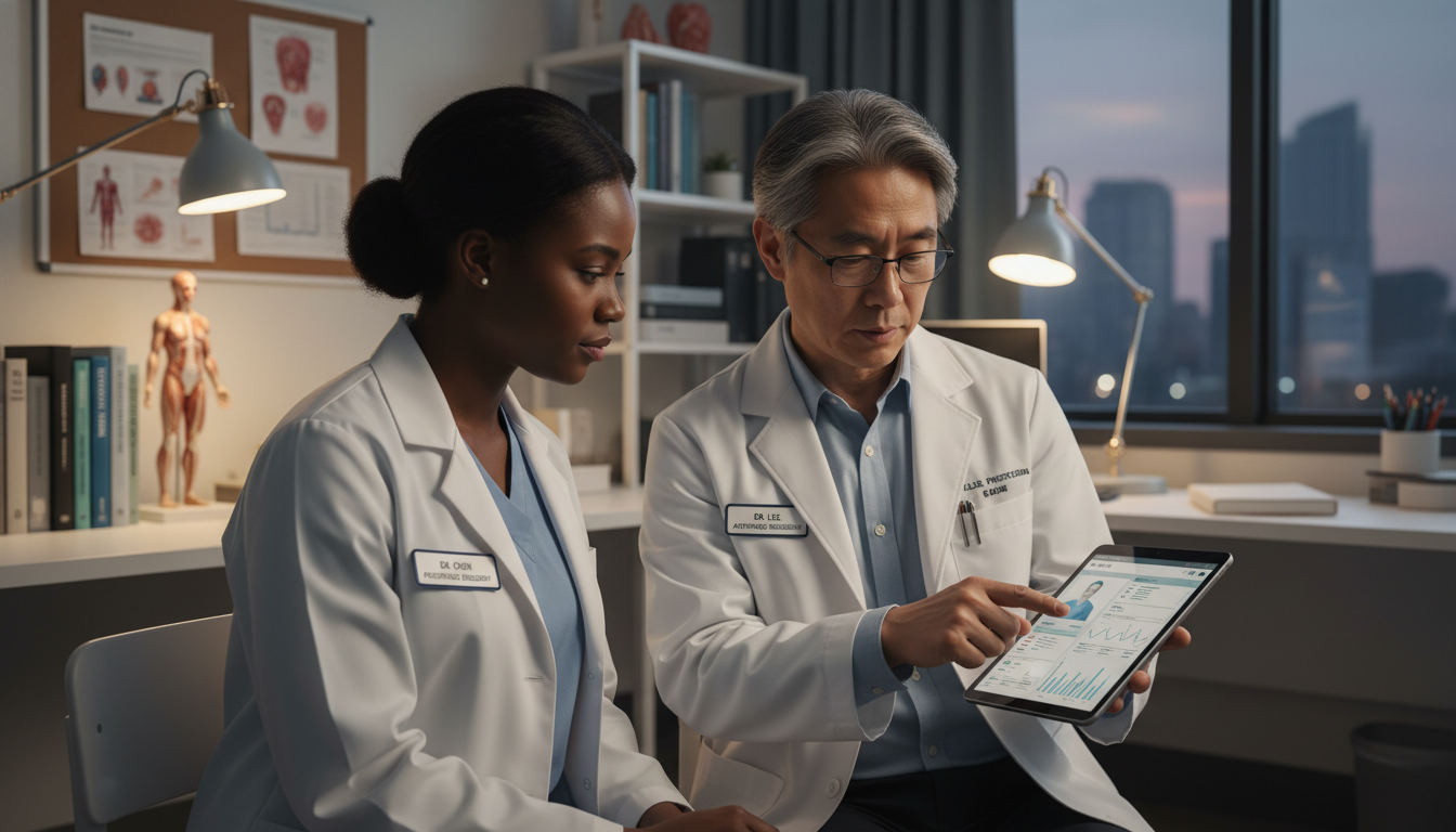 Pediatrics resident discussing a patient case with a mentor Pediatrics resident discussing a patient case with a mentor - MD graduate residency for Networking in Medicine for MD Graduat