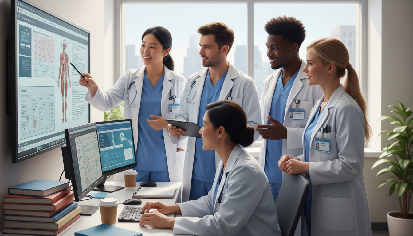 Pediatrics residents during a workroom discussion and team huddle Pediatrics residents during a workroom discussion and team huddle - MD graduate residency for Questions to Ask Programs for M