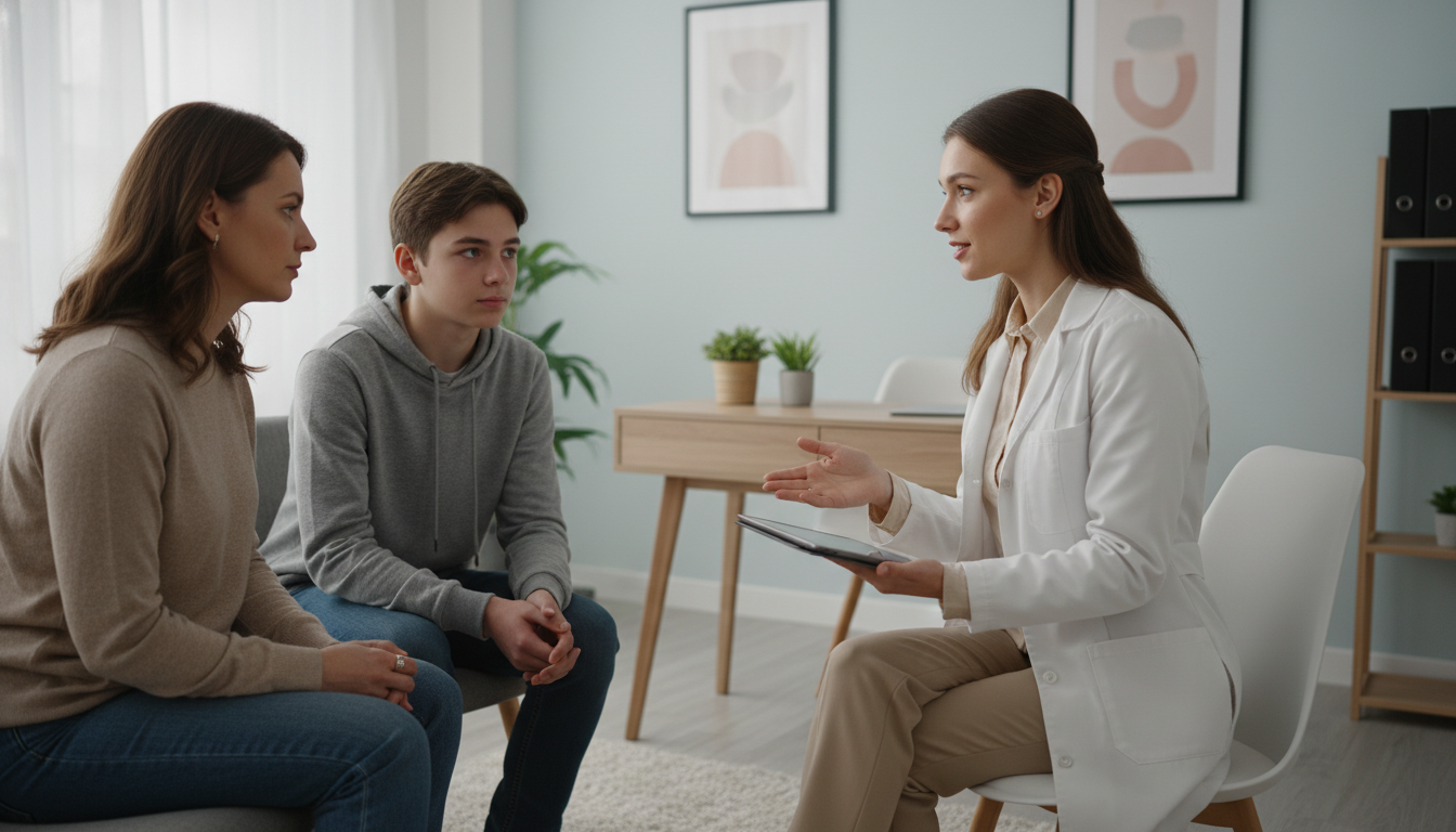 Pediatrics-psychiatry resident speaking with adolescent patient and parent - MD graduate residency for Common Interview Quest