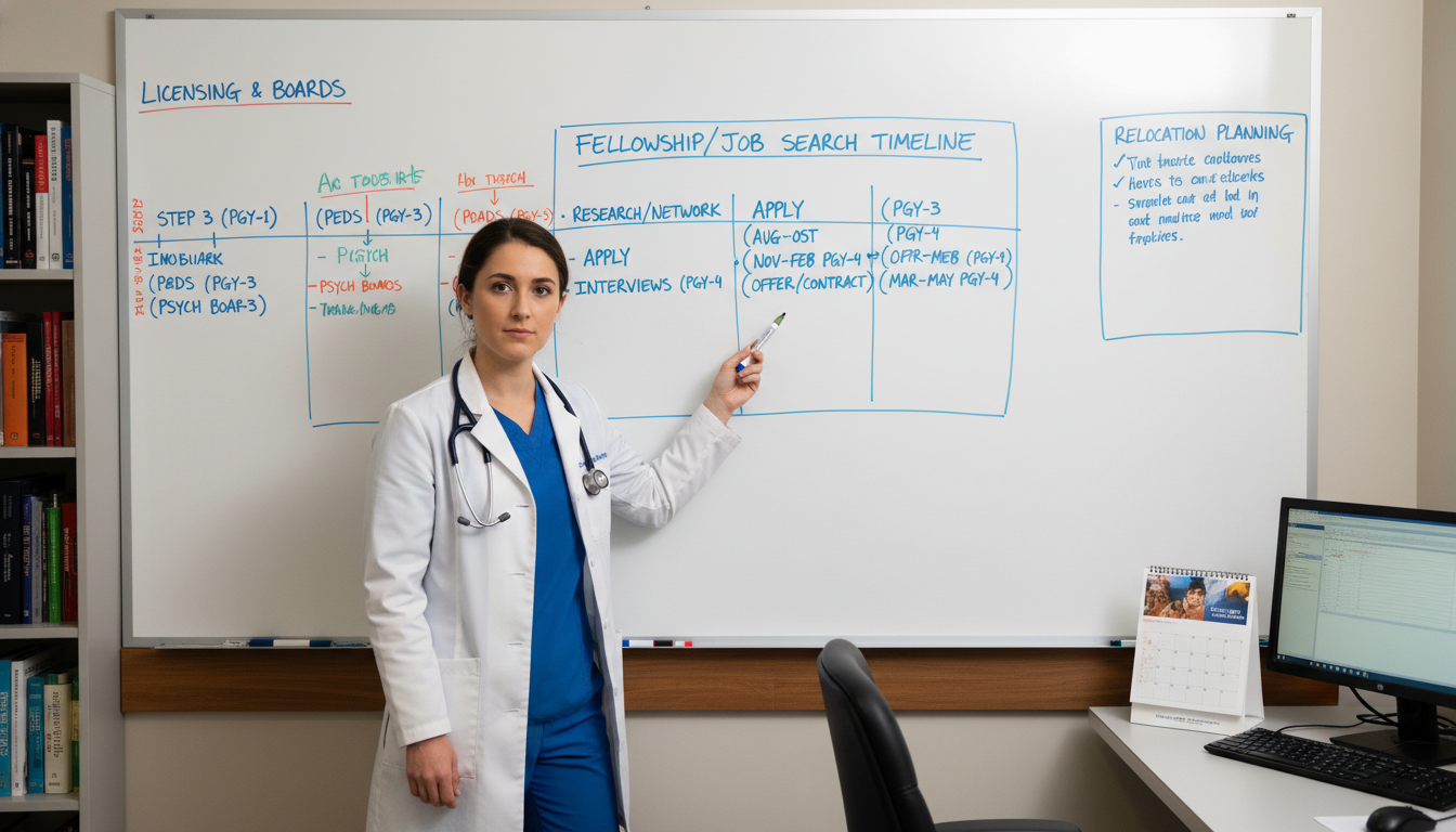 Pediatrics-psychiatry resident reviewing licensing and board exam timeline Pediatrics-psychiatry resident reviewing licensing and board exam timeline - MD graduate residency for Job Search Timing for