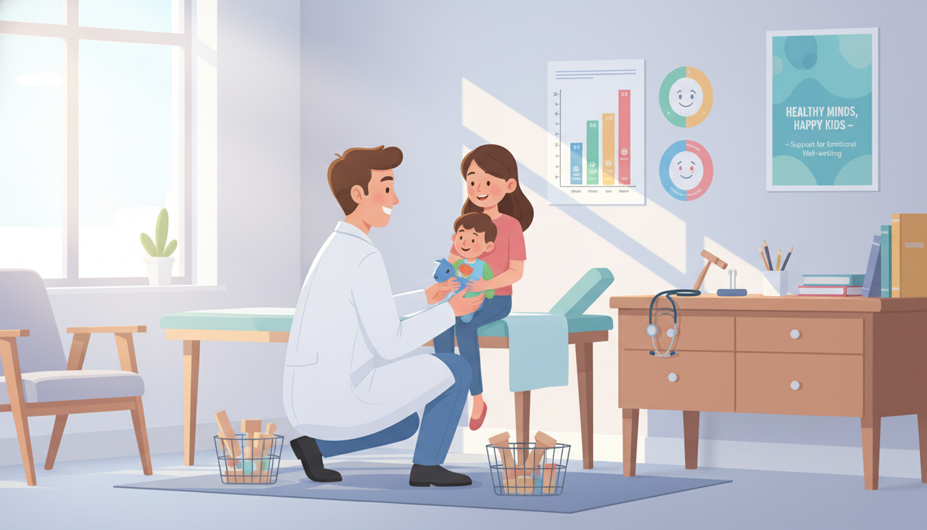 Resident engaging with child patient in integrated pediatrics-psychiatry clinic - MD graduate residency for Low Step Score St