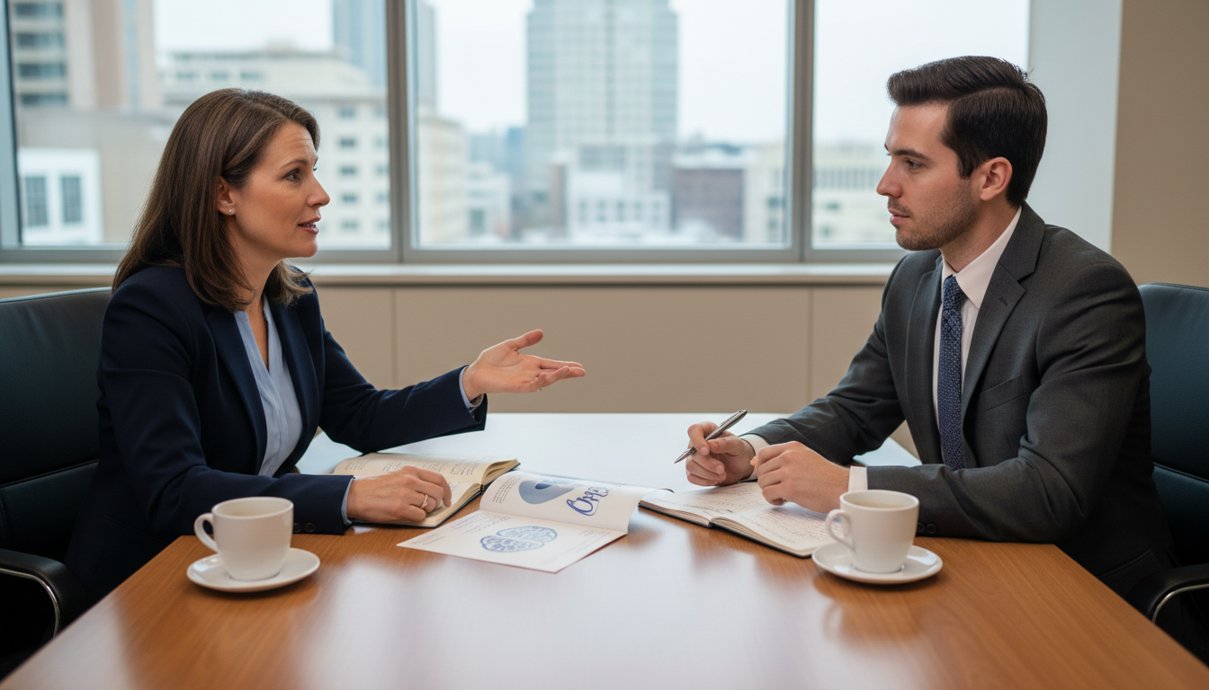 Program director and residency applicant engaged in thoughtful conversation Program director and residency applicant engaged in thoughtful conversation - MD graduate residency for Pre-Match Communicati