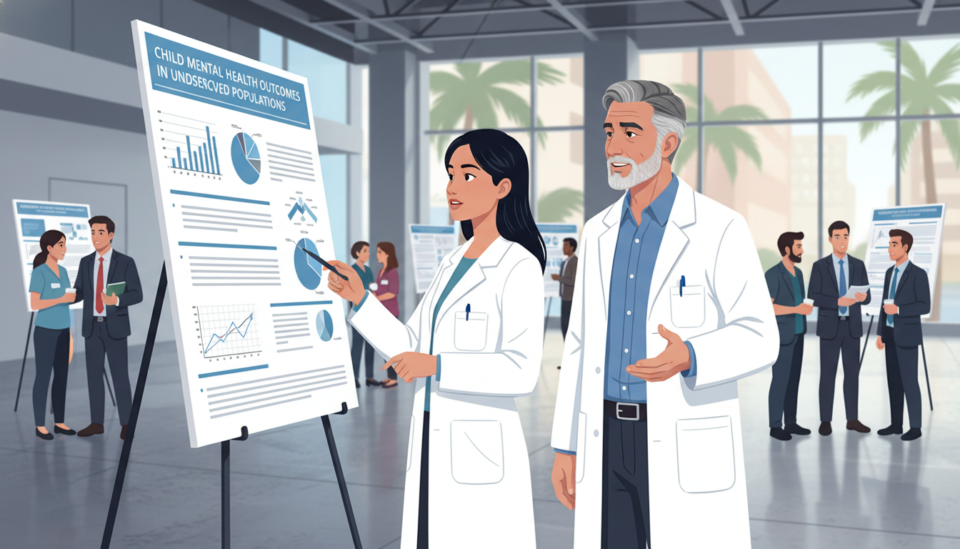 Resident and faculty reviewing pediatric-psychiatry research posters - MD graduate residency for Research Profile Building fo