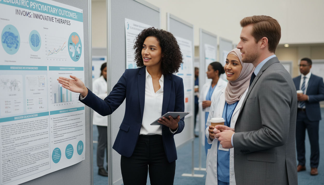 MD graduate presenting pediatric-psychiatry research poster at conference - MD graduate residency for Research Profile Buildi