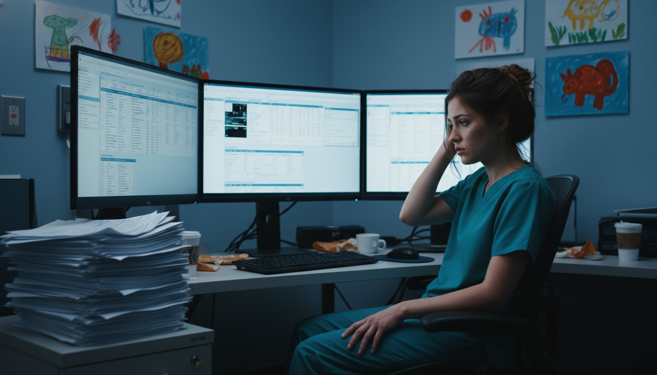 Pediatrics-psychiatry resident looking exhausted while reviewing charts at night Pediatrics-psychiatry resident looking exhausted while reviewing charts at night - MD graduate residency for Resident Turnove