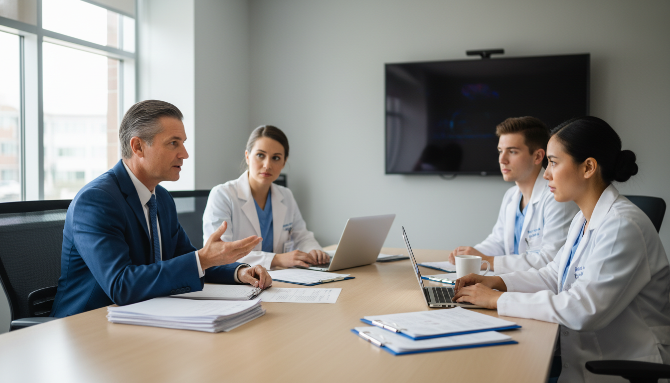 Program director meeting with pediatrics-psychiatry residents in conference room Program director meeting with pediatrics-psychiatry residents in conference room - MD graduate residency for Resident Turnove