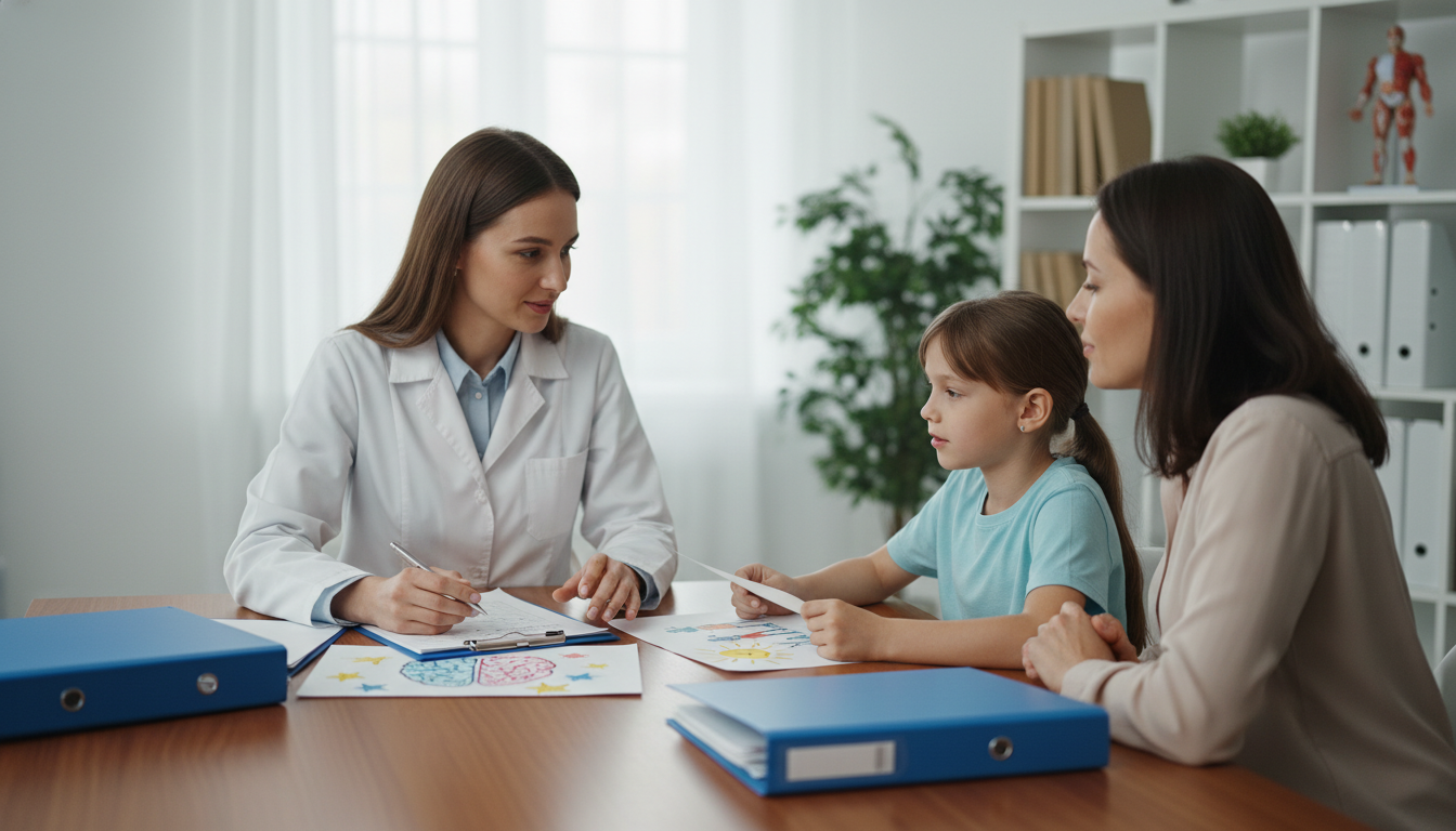 Pediatrics-psychiatry resident working with a child and family during clinic - MD graduate residency for Step Score Strategy