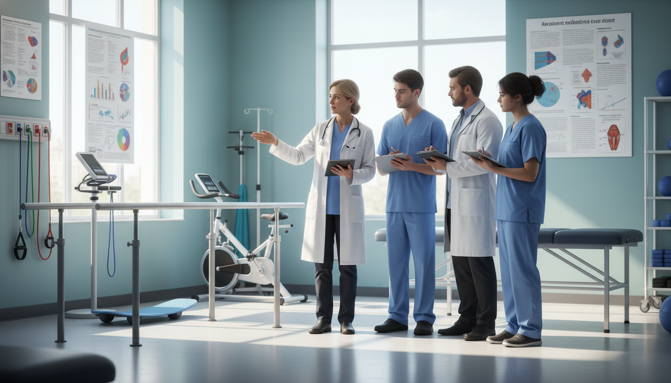 Physiatrist teaching residents and medical students during rehabilitation rounds Physiatrist teaching residents and medical students during rehabilitation rounds - MD graduate residency for Academic vs Priv