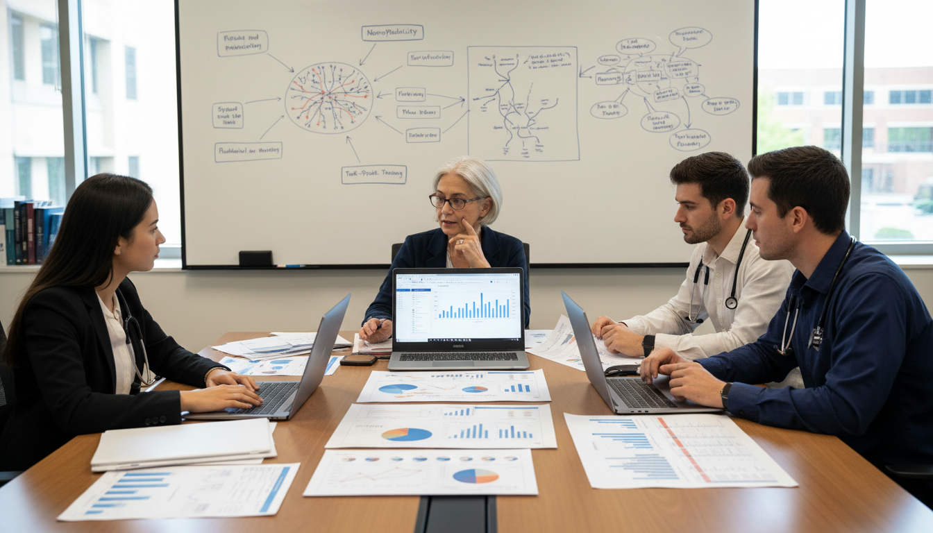 Physiatry research team discussing rehabilitation outcomes data - MD graduate residency for Research Profile Building for MD