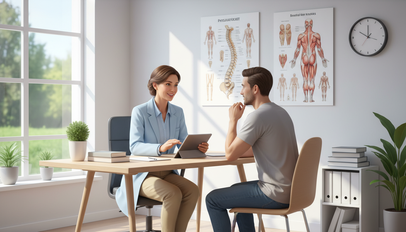 Physiatrist in outpatient clinic discussing treatment plan Physiatrist in outpatient clinic discussing treatment plan - MD graduate residency for Work-Life Balance Assessment for MD Gr