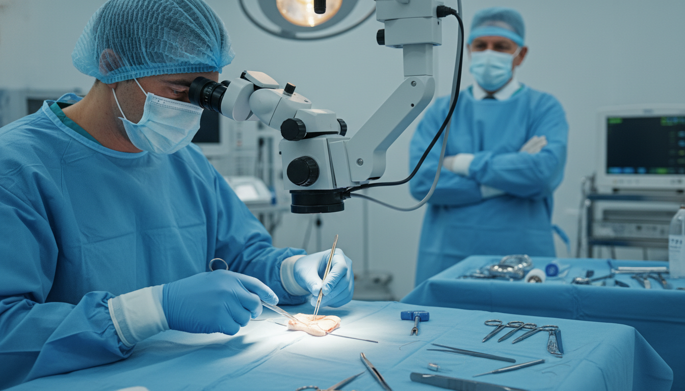 Plastic surgery resident performing microsurgery under an operating microscope Plastic surgery resident performing microsurgery under an operating microscope - MD graduate residency for Case Volume Evalua