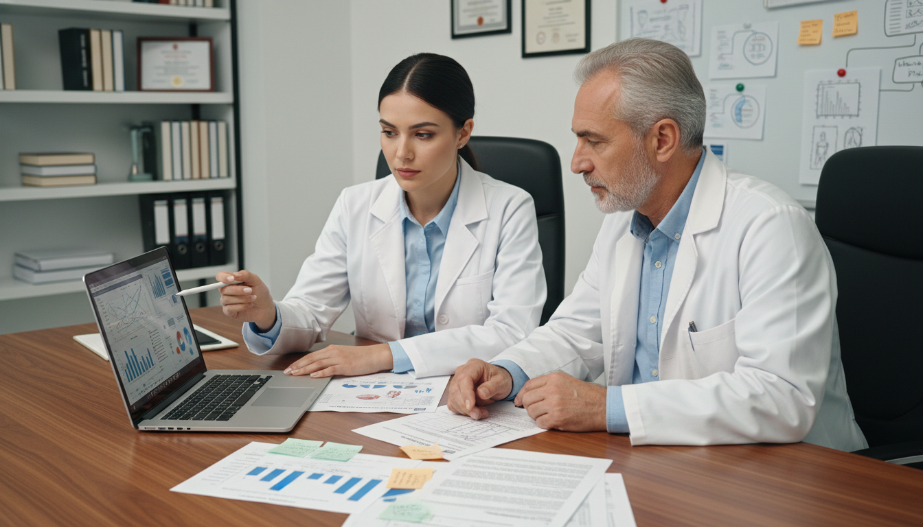 Plastic surgery research fellow reviewing manuscripts with faculty mentor - MD graduate residency for Low Step Score Strategi