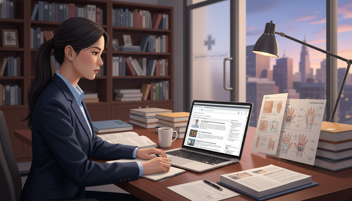 MD graduate reviewing plastic surgery research before residency interview MD graduate reviewing plastic surgery research before residency interview - MD graduate residency for Pre-Interview Preparati