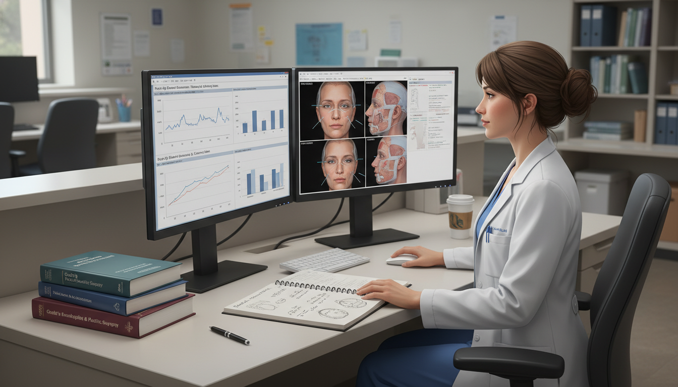 Plastic surgery resident reviewing research data on a computer Plastic surgery resident reviewing research data on a computer - MD graduate residency for Research During Residency for MD G
