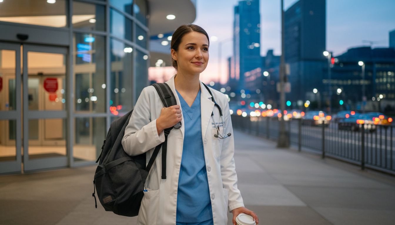Plastic surgery resident leaving hospital at dusk Plastic surgery resident leaving hospital at dusk - MD graduate residency for Work-Life Balance Assessment for MD Graduate in