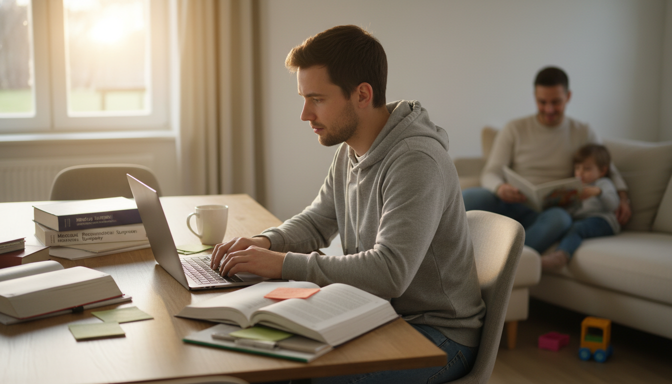 Plastic surgery resident studying at home with family nearby Plastic surgery resident studying at home with family nearby - MD graduate residency for Work-Life Balance Assessment for MD