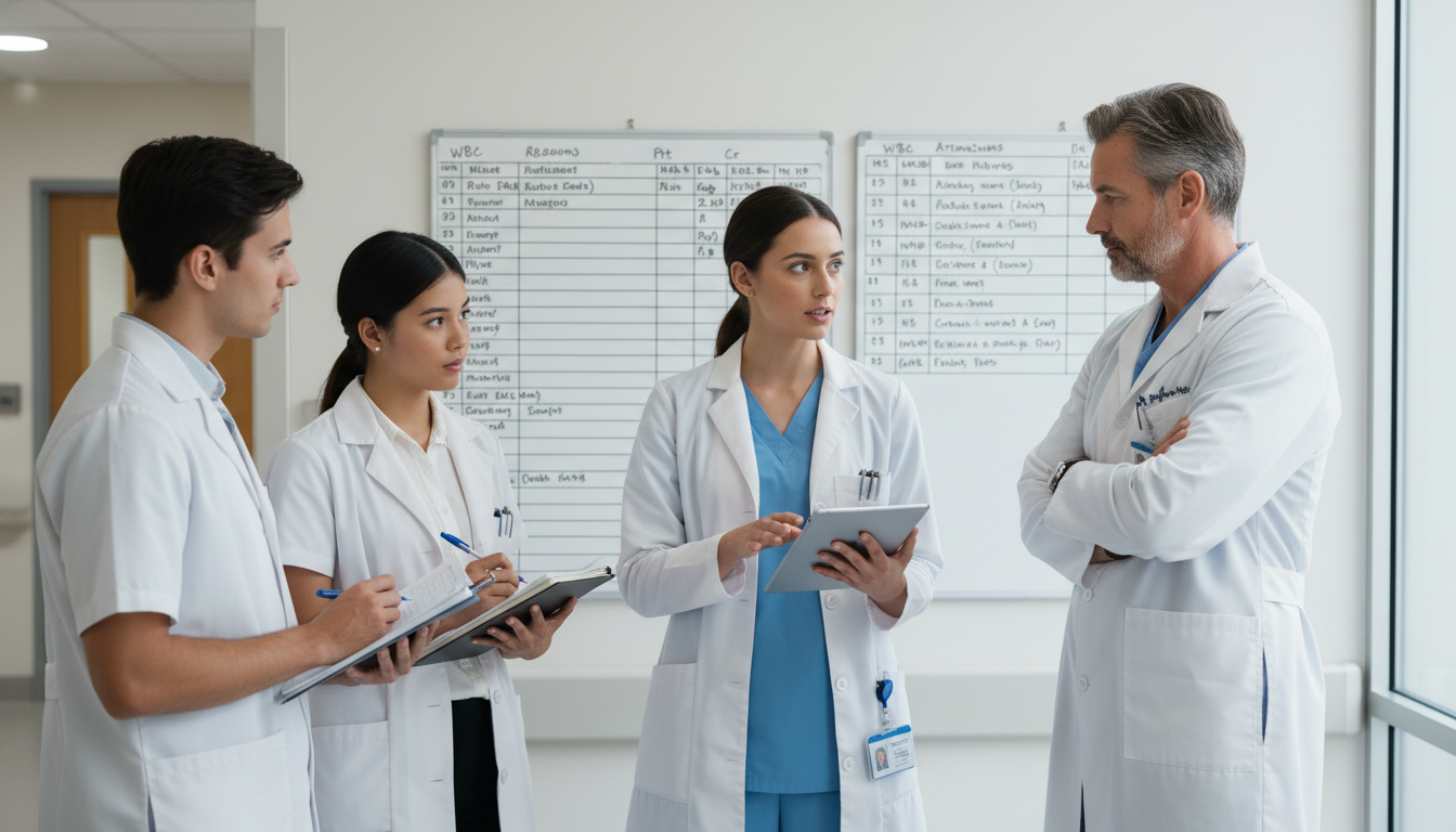 Resident doctor working with attending and medical students on a teaching team Resident doctor working with attending and medical students on a teaching team - MD graduate residency for Academic vs Privat