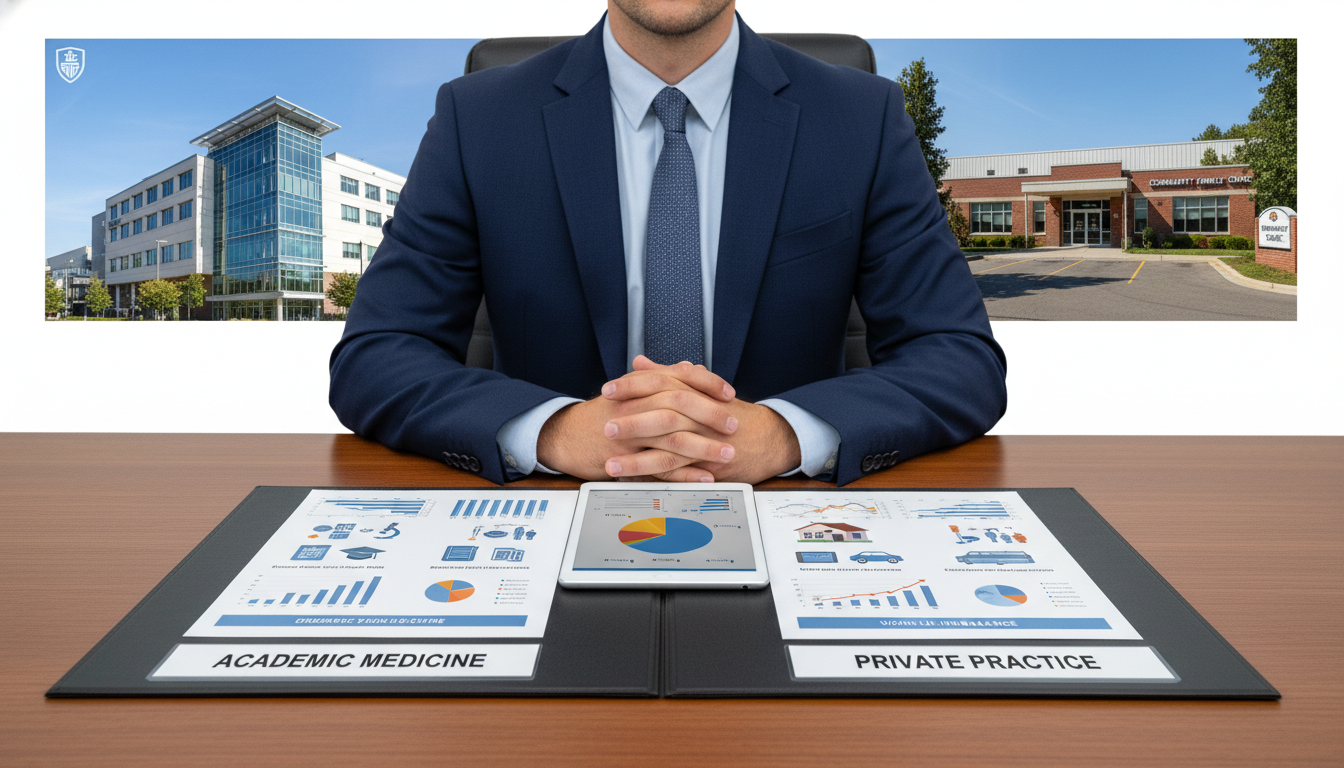 Physician comparing academic medicine and private practice career options Physician comparing academic medicine and private practice career options - MD graduate residency for Academic vs Private Pra