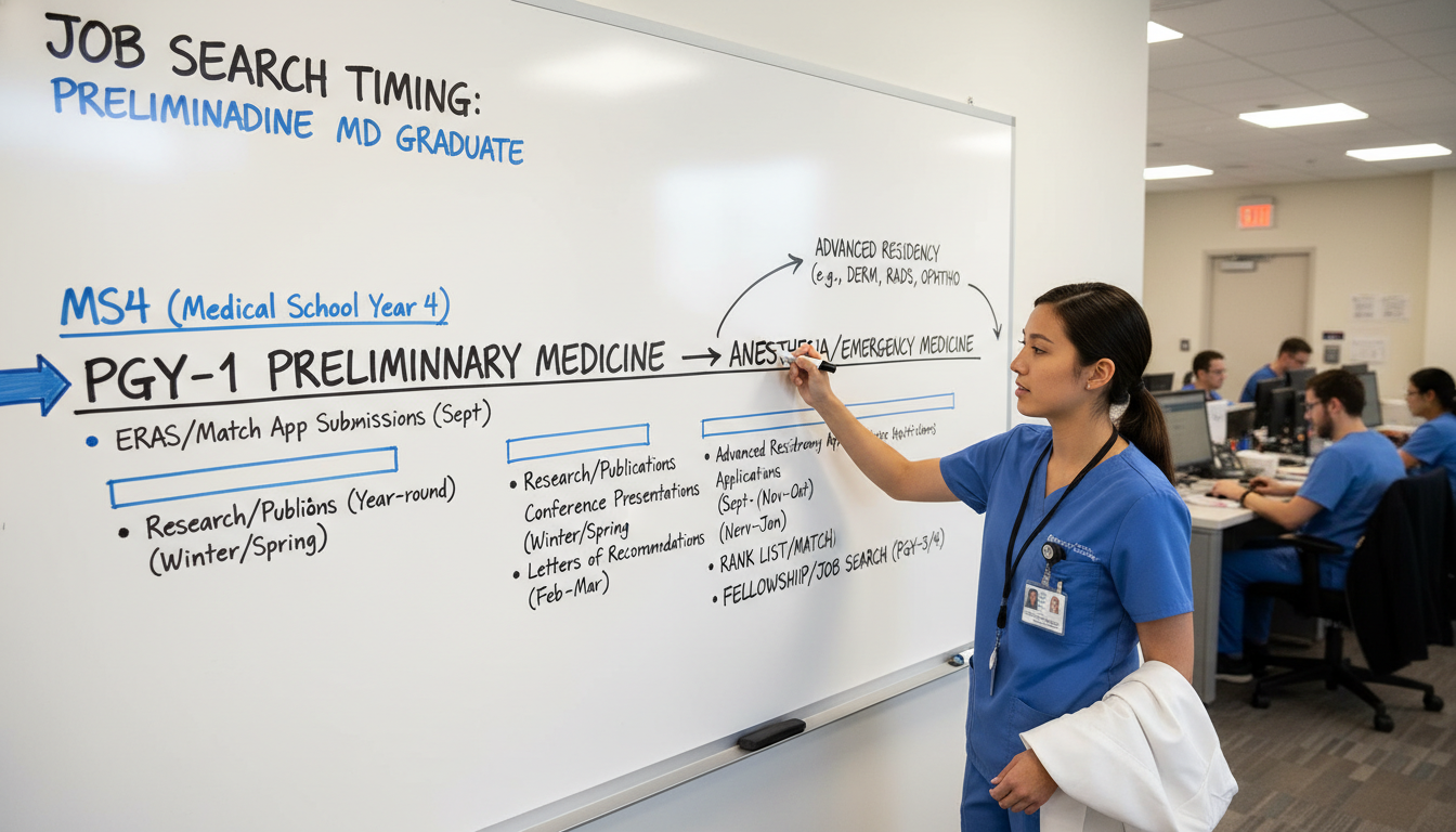 Timeline of preliminary medicine year and residency search - MD graduate residency for Job Search Timing for MD Graduate in P