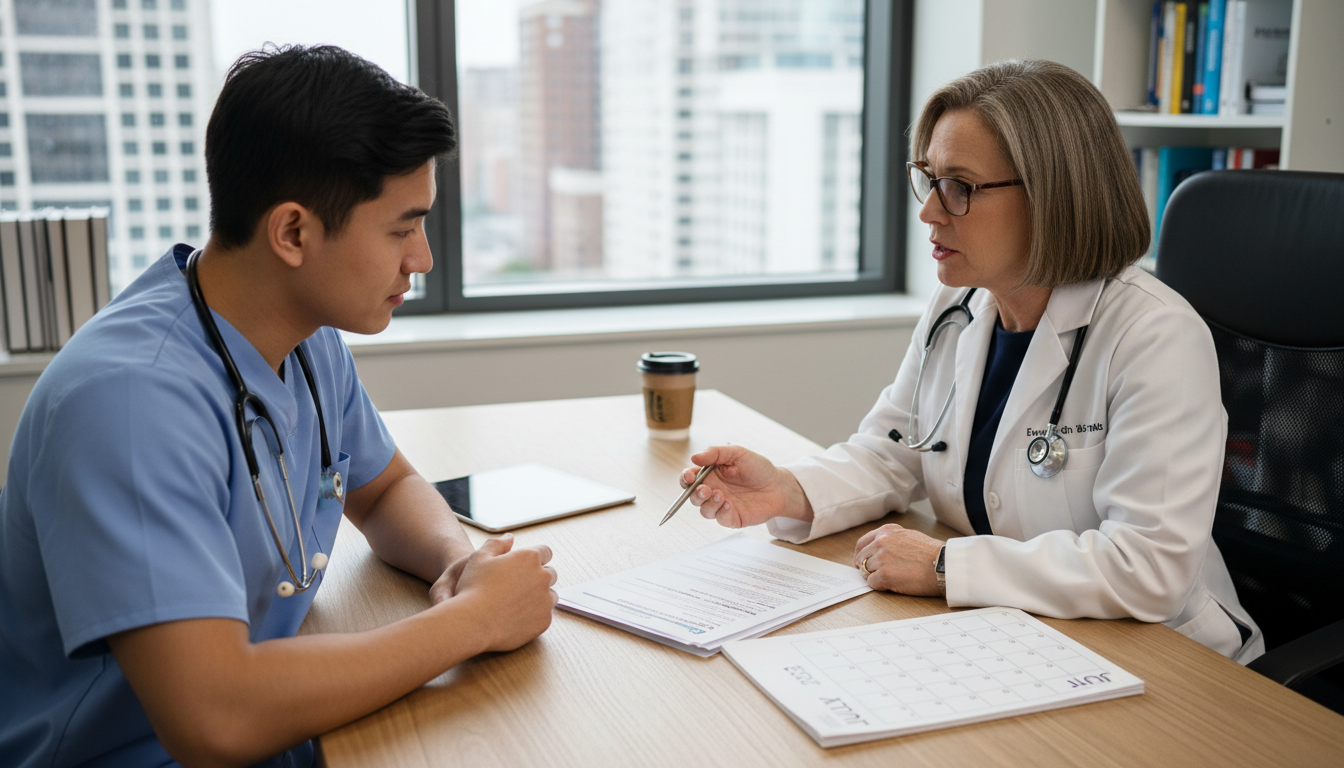 Resident doctor meeting with mentor to discuss career and job search timing - MD graduate residency for Job Search Timing for