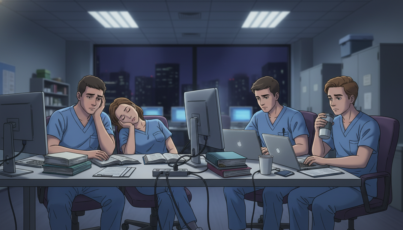 Exhausted internal medicine residents during a night shift Exhausted internal medicine residents during a night shift - MD graduate residency for Identifying Malignant Programs for MD