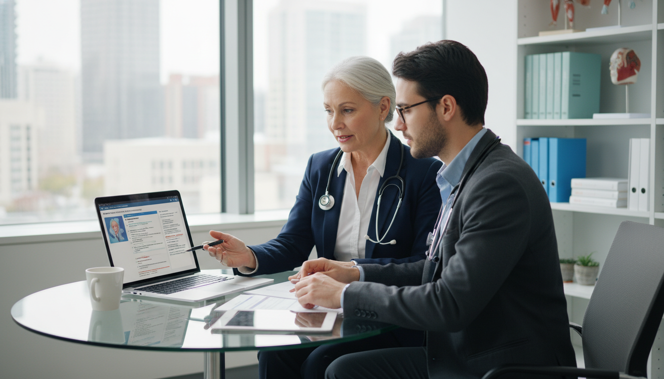 Mentor and preliminary medicine resident in a hospital conference room Mentor and preliminary medicine resident in a hospital conference room - MD graduate residency for Networking in Medicine for