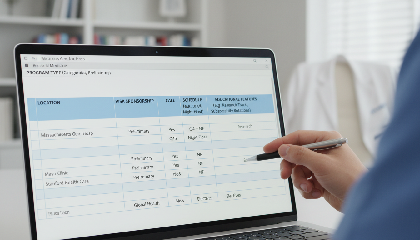 Resident comparing preliminary medicine residency programs on a spreadsheet - MD graduate residency for Program Selection Str