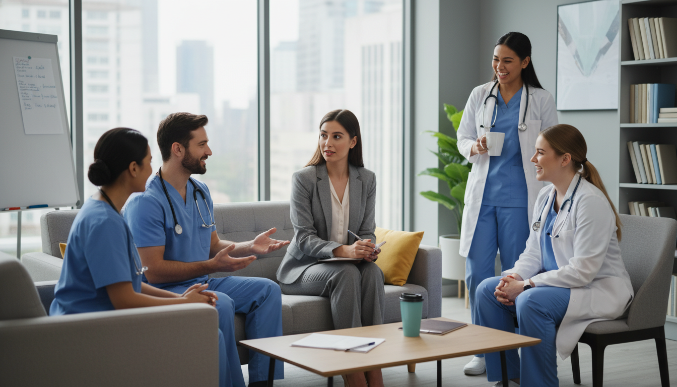 Preliminary medicine applicant speaking with residents in a lounge - MD graduate residency for Questions to Ask Programs for