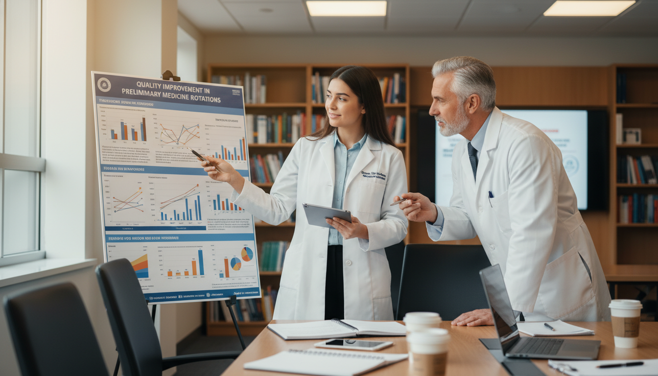 Resident physician discussing a quality improvement poster with mentor Resident physician discussing a quality improvement poster with mentor - MD graduate residency for Research During Residency