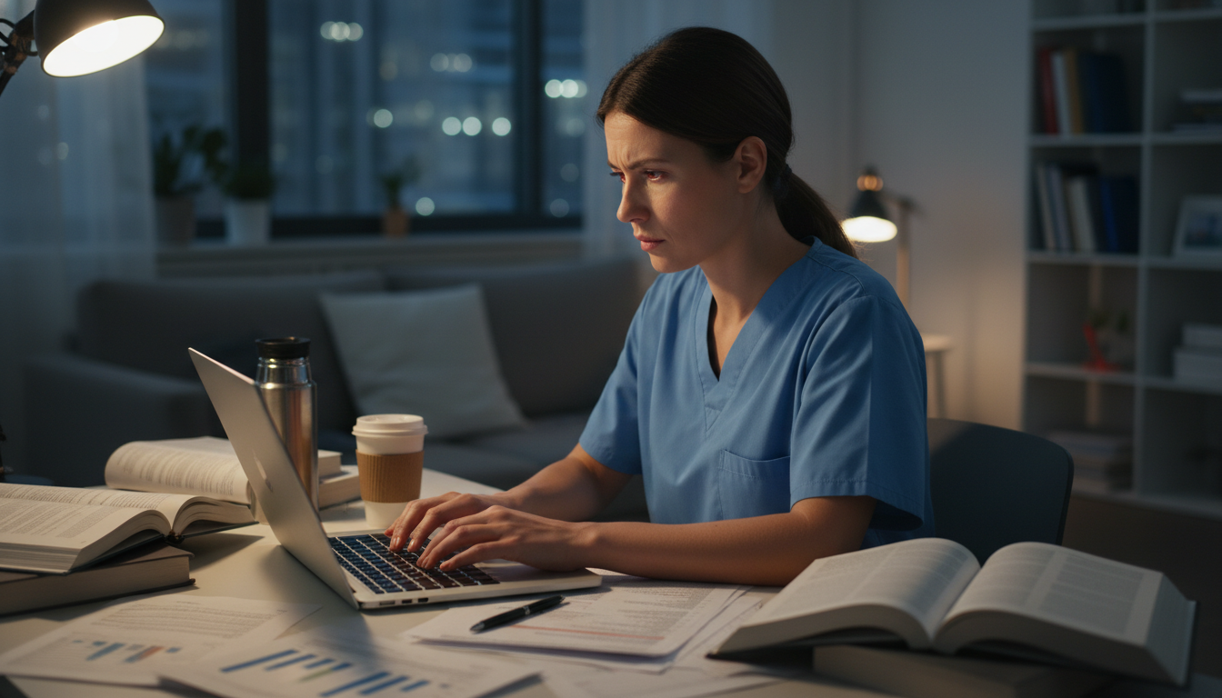 Resident physician working on research data entry at night Resident physician working on research data entry at night - MD graduate residency for Research During Residency for MD Gradu