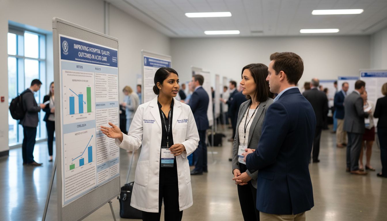 Resident presenting research poster at internal medicine conference - MD graduate residency for Research Profile Building for