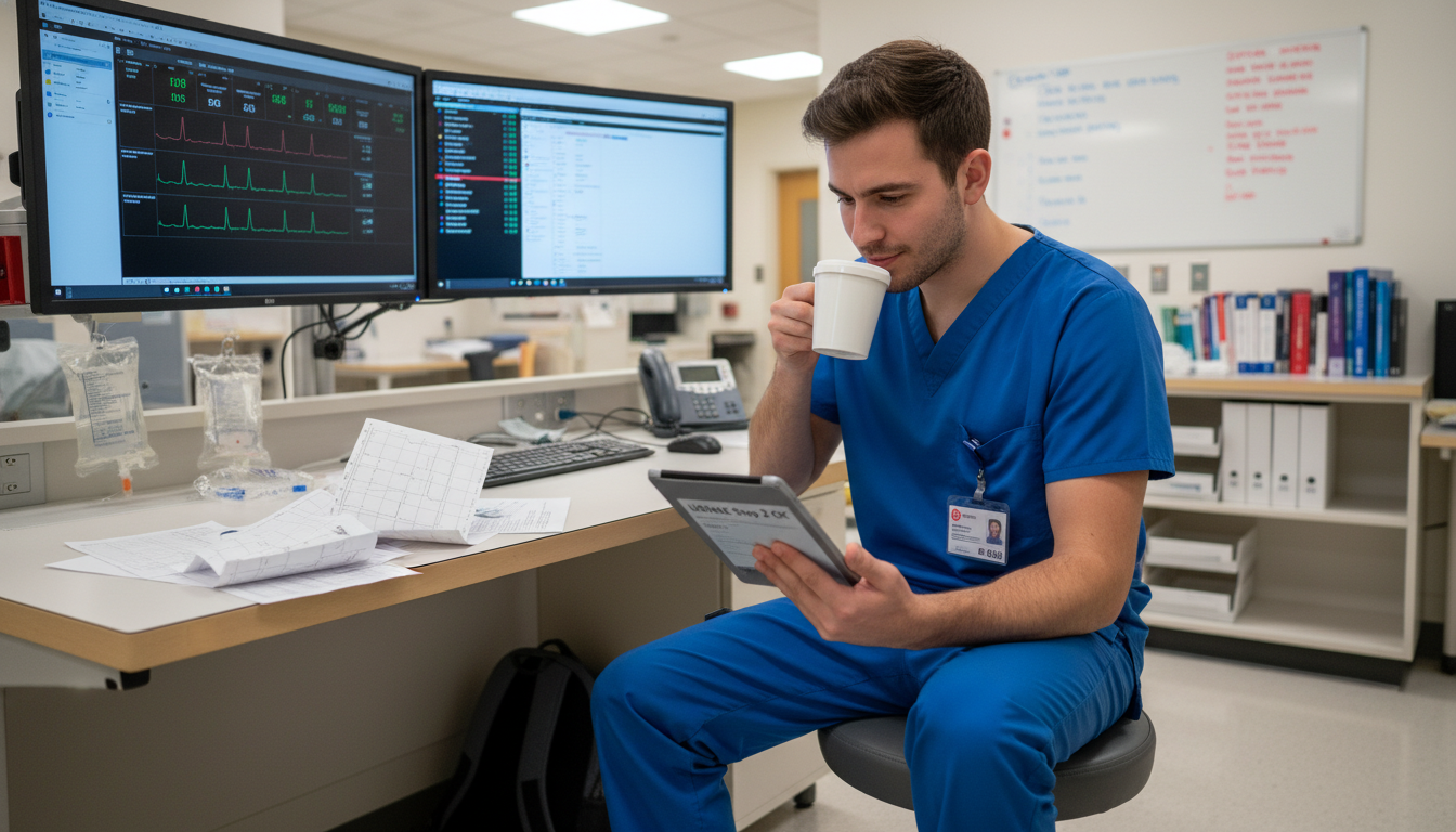 Preliminary medicine intern reviewing Step 2 CK notes during a hospital break Preliminary medicine intern reviewing Step 2 CK notes during a hospital break - MD graduate residency for USMLE Step 2 CK Pre