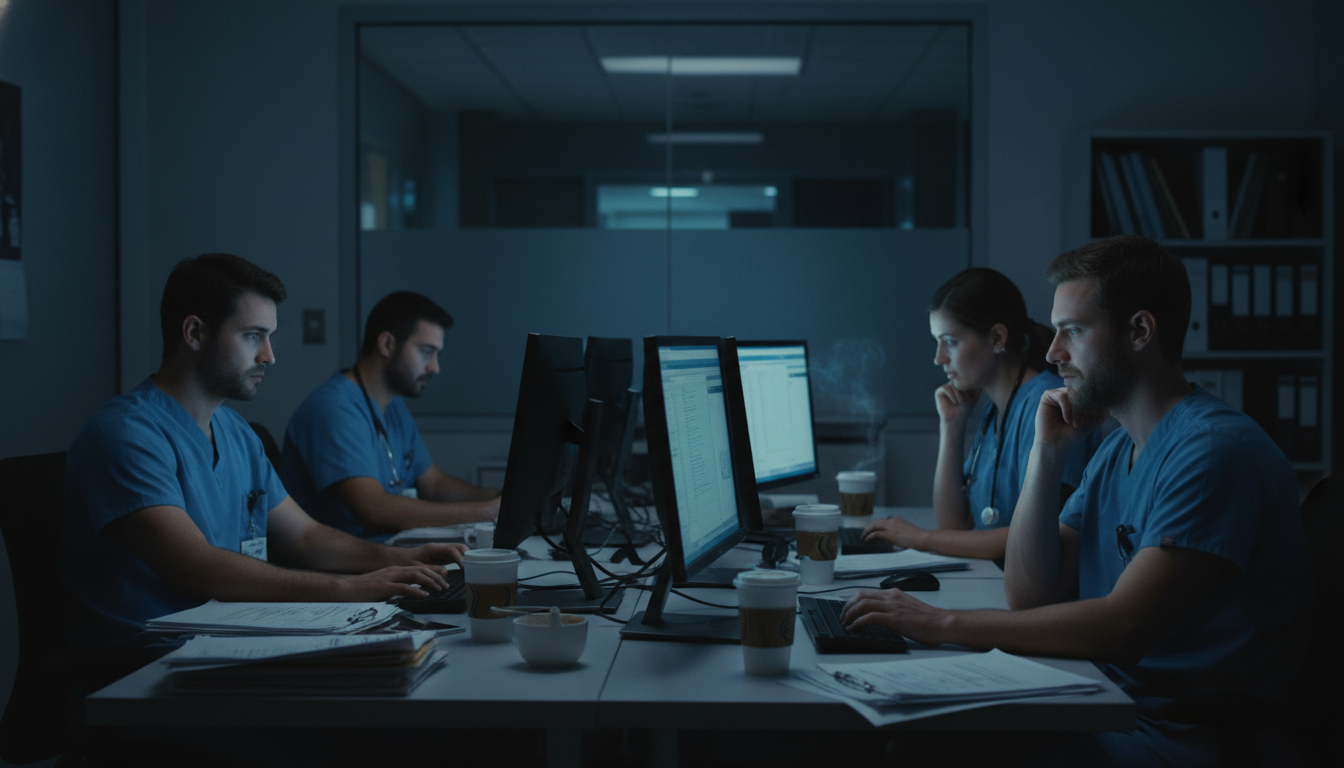 Internal medicine residents in hospital workroom during night shift Internal medicine residents in hospital workroom during night shift - MD graduate residency for Work-Life Balance Assessment