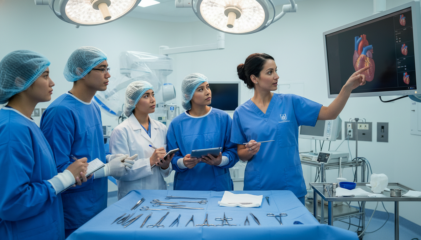 Surgical team teaching medical students and residents in academic operating room Surgical team teaching medical students and residents in academic operating room - MD graduate residency for Academic vs Priv