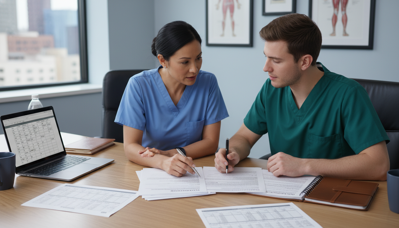 Resident and attending surgeon reviewing residency CV Resident and attending surgeon reviewing residency CV - MD graduate residency for CV Building for MD Graduate in Preliminary