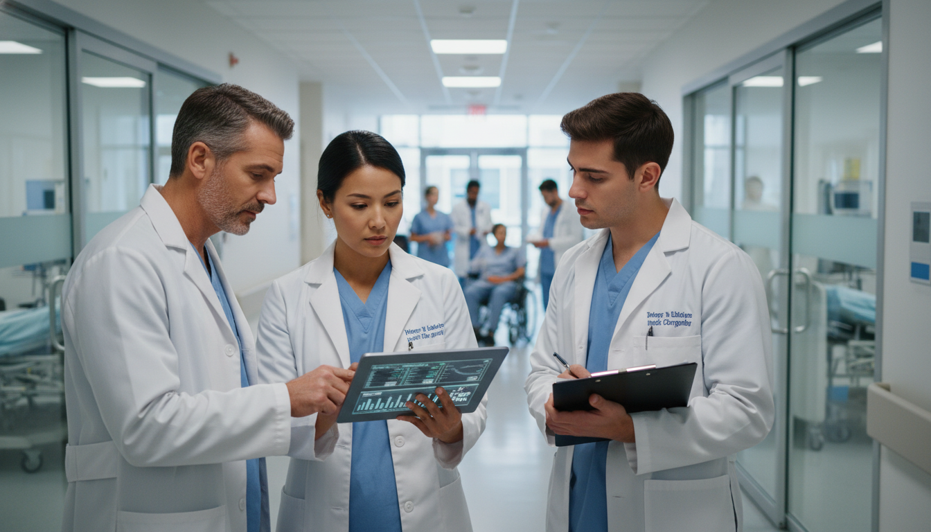 Surgical team and preliminary surgery resident during morning rounds - MD graduate residency for Common Interview Questions f