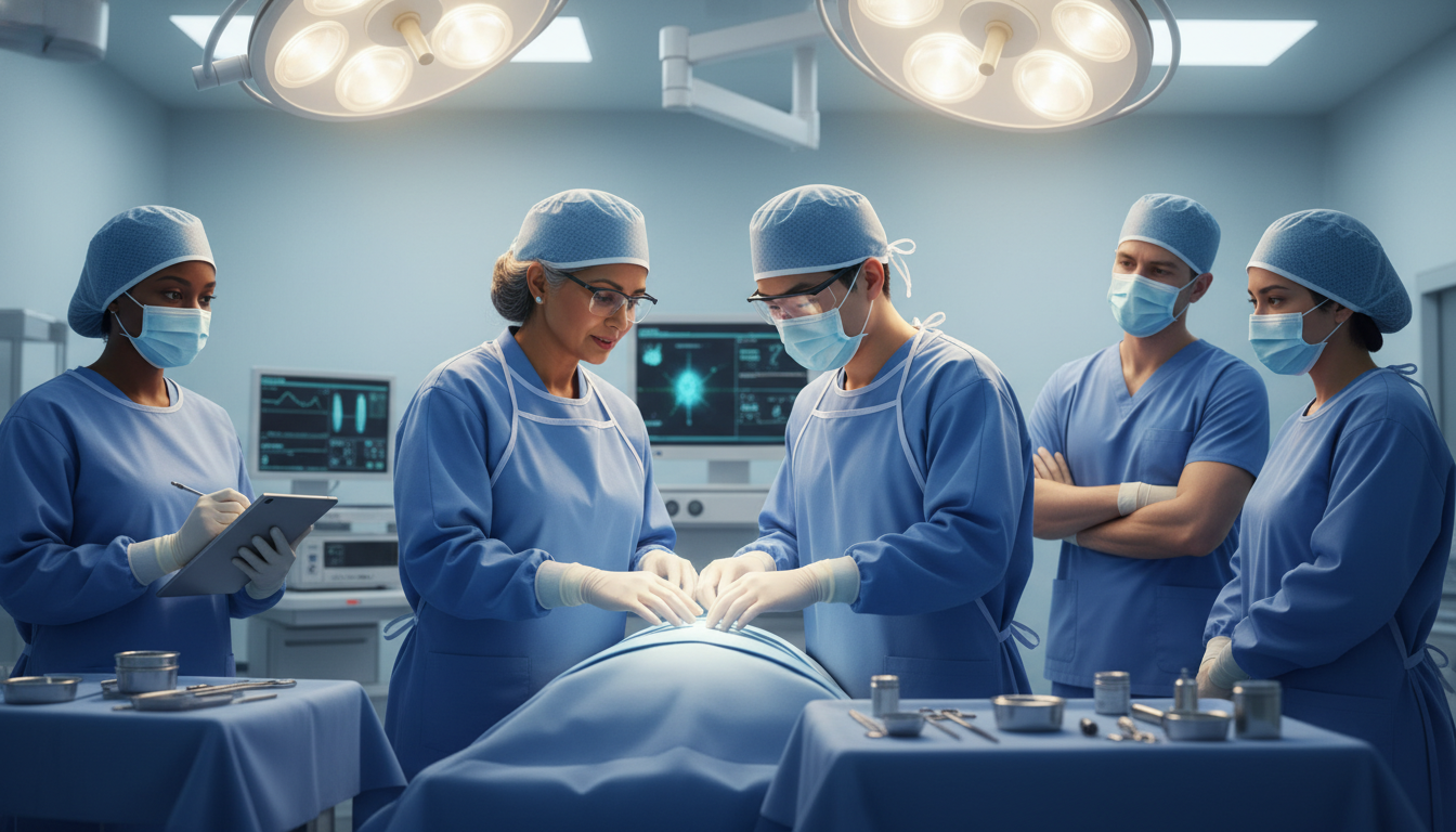 Surgical team mentoring a preliminary surgery resident in the operating room - MD graduate residency for Low Step Score Strat