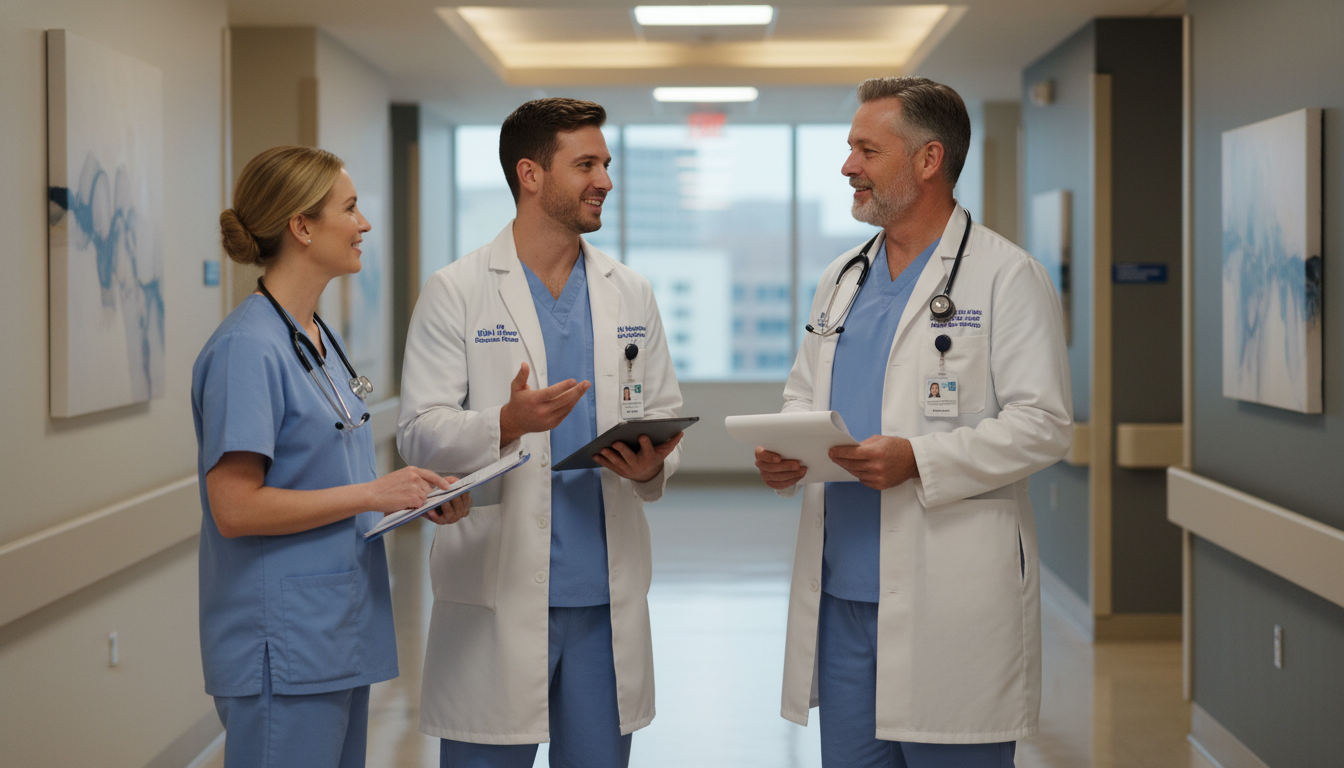 Surgery resident networking with attendings and residents in hospital hallway Surgery resident networking with attendings and residents in hospital hallway - MD graduate residency for Networking in Medic