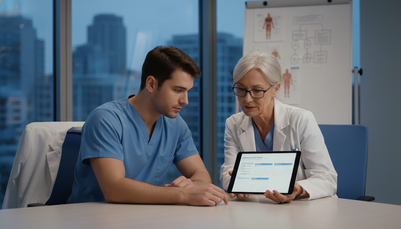 Surgical resident and faculty mentor discussing pre-match strategy Surgical resident and faculty mentor discussing pre-match strategy - MD graduate residency for Pre-Match Communication for MD