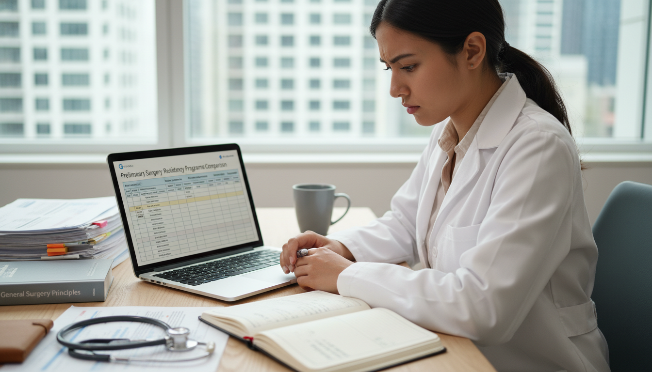 MD graduate comparing preliminary surgery residency programs using a laptop and notes MD graduate comparing preliminary surgery residency programs using a laptop and notes - MD graduate residency for How to Rese