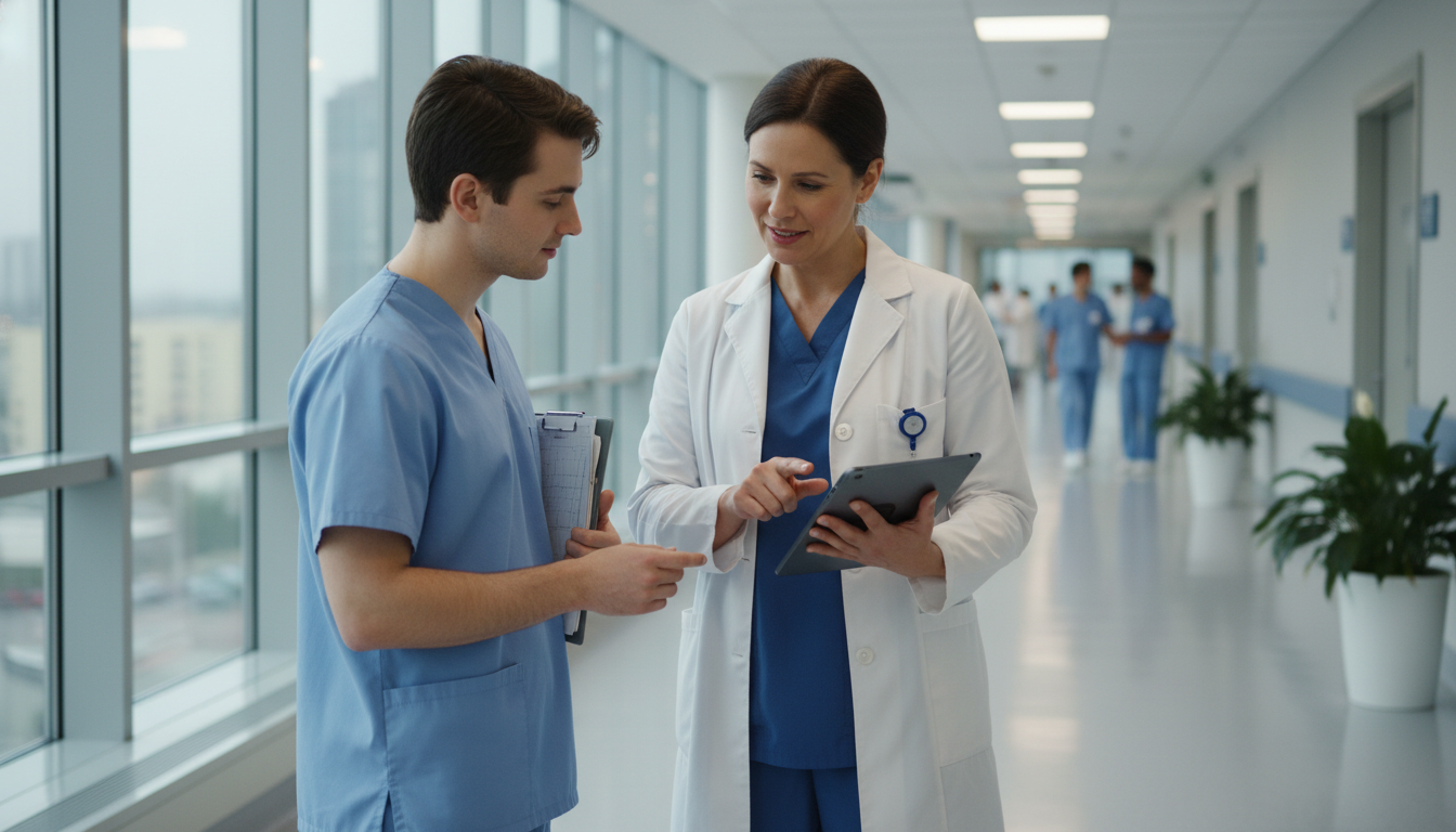 Surgical resident and faculty discussing preliminary surgery training - MD graduate residency for Program Selection Strategy