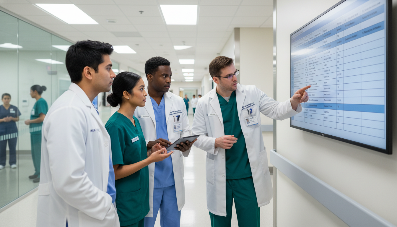 Surgical residents in a teaching hospital discussing preliminary surgery roles and expectations Surgical residents in a teaching hospital discussing preliminary surgery roles and expectations - MD graduate residency for Q