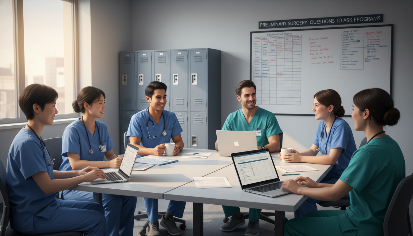 Surgical residents discussing culture and wellness in hospital break room Surgical residents discussing culture and wellness in hospital break room - MD graduate residency for Questions to Ask Progra