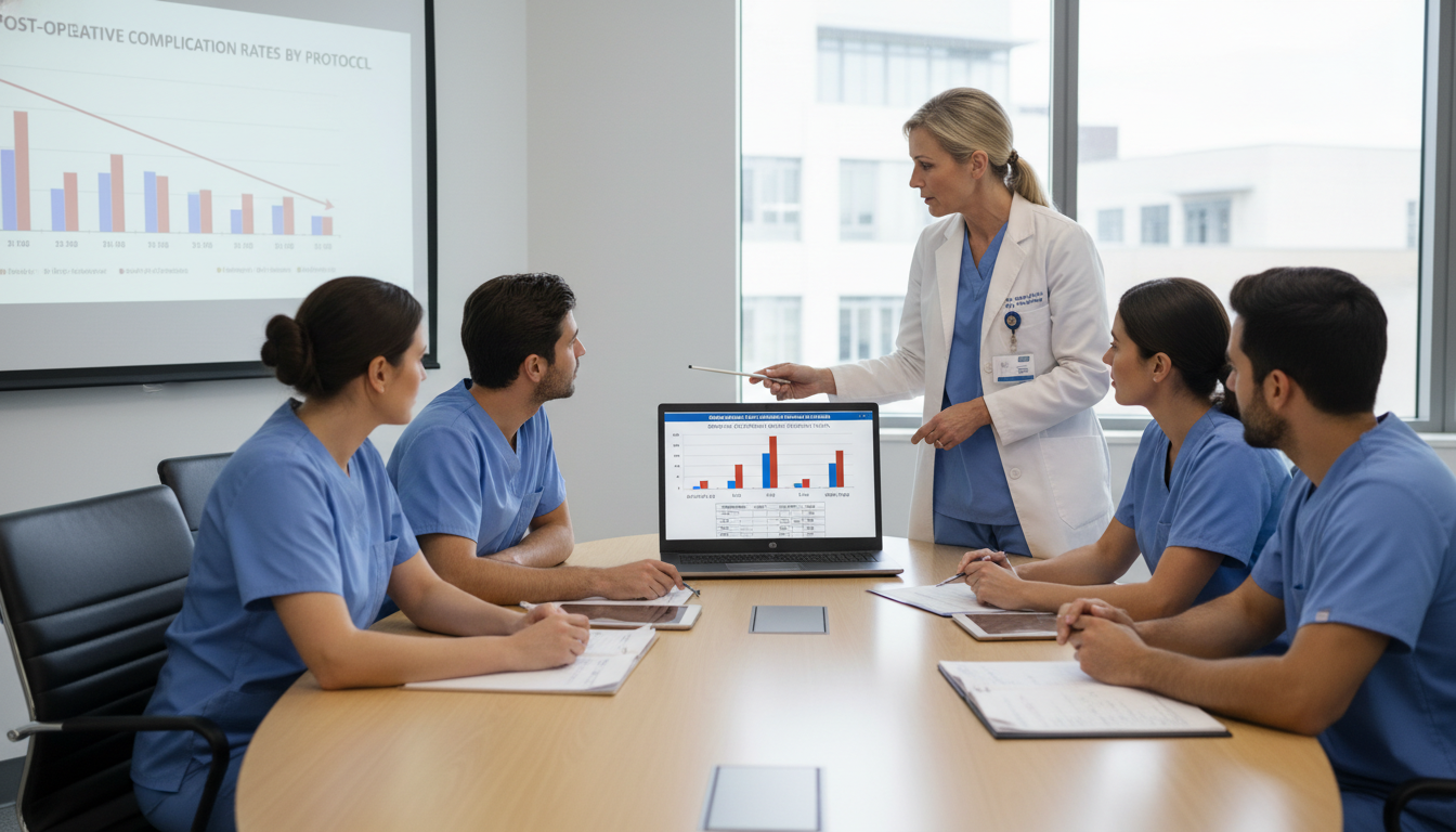 Surgical residents and faculty discussing a research project around a conference table Surgical residents and faculty discussing a research project around a conference table - MD graduate residency for Research D
