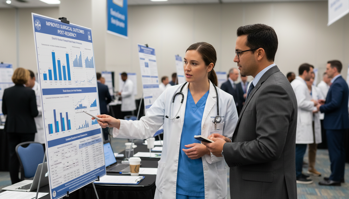 Surgical resident presenting research poster at a medical conference Surgical resident presenting research poster at a medical conference - MD graduate residency for Research During Residency fo